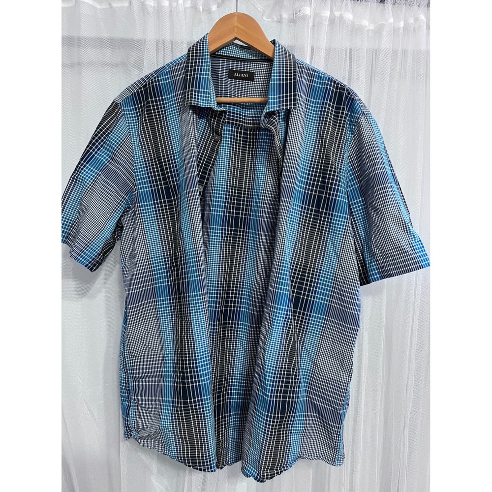 Alfani Mens XXL Blue Black Plaid Short Sleeve‎ Button Down 100% Cotton Shirt